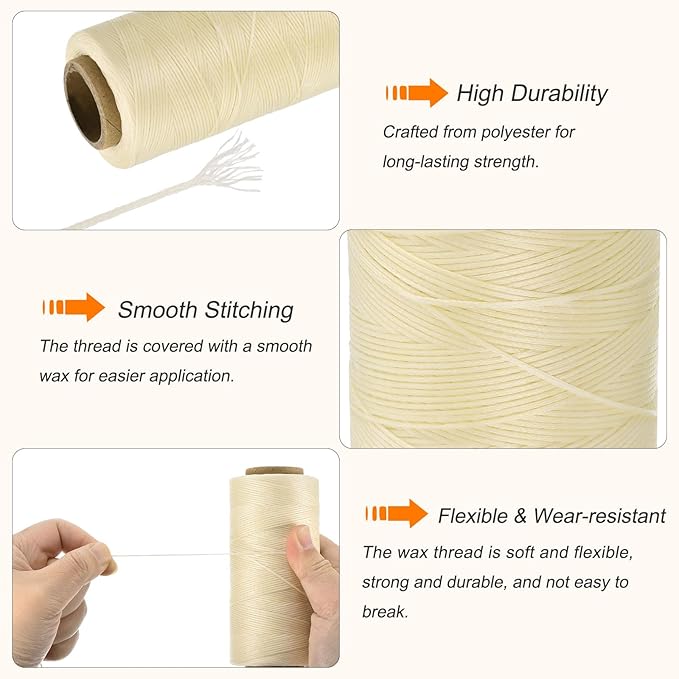 MECCANIXITY Waxed Thread,284 Yard 0.8mm 150D Flat Wax Thread Polyester Waxed String for Leather Sewing Hand Weaving Book Binding Home Decoration,Cream White