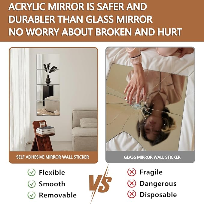 4PCS Self Adhesive Acrylic Mirror Tiles, Flexible Mirror Sheets Wall Stickers, Frameless Non-Glass Mirror Stickers Reflective Mirror for DIY Craft, Home Wall Decor (20 * 30cm,2mm)