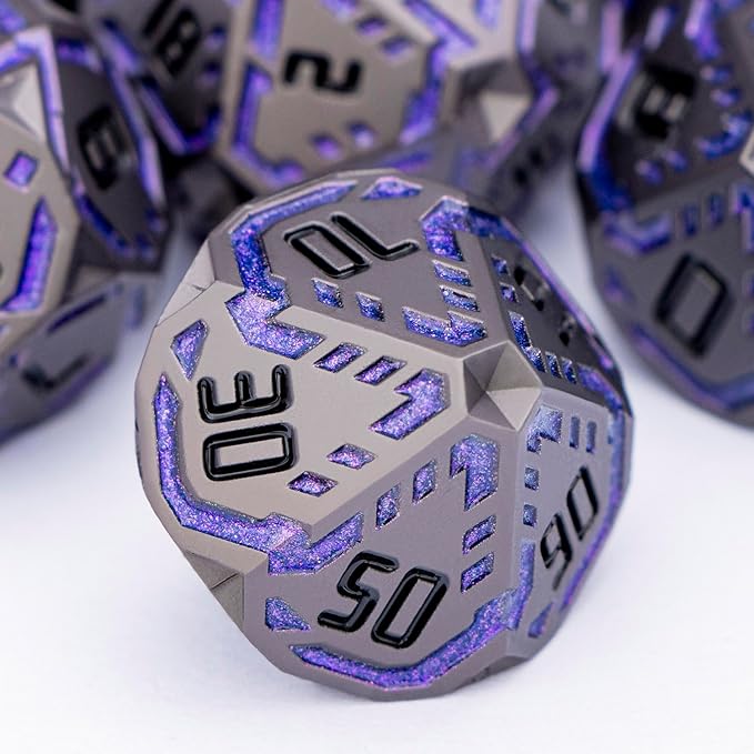 Metal DND Sci-fi Dice Set 7PCS Stripe Polyhedral Dice for Dungeons Dragons RPG Role Playing Game, Glitter D and D Dice with Gift Box D6 D8 D10 D12 D20 (Black Purple) ﻿