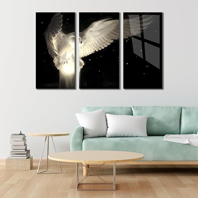 SpiritualHands White Owl Tempered Glass Wall Art Painting for Living Room, Tempered Glass Modern Prints Decor, Large Vivid Color Panel for Bedroom, Kitchen, or Office
