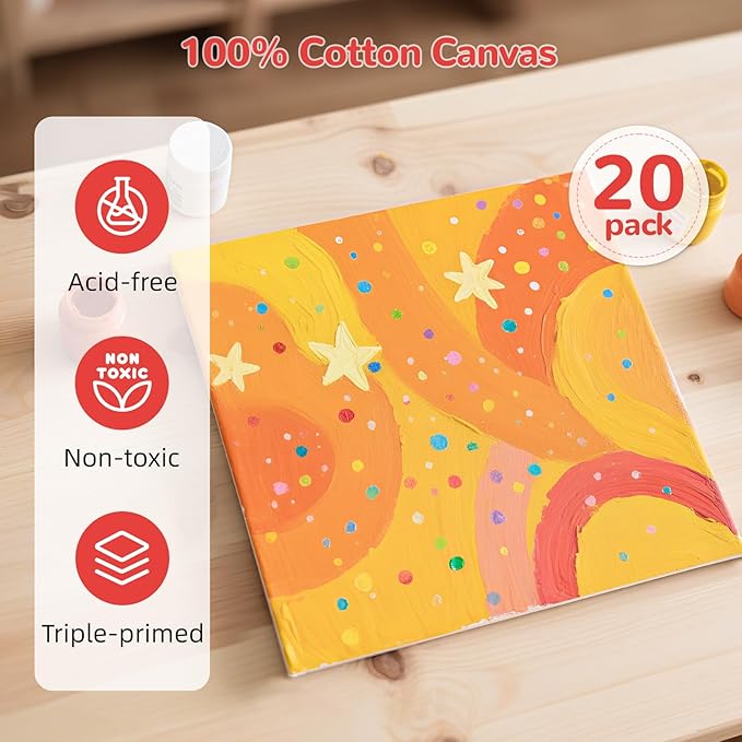 10x10inch Flat Canvas Boards for Painting 20 Pack Primed Acid Free Canvas Panels for Oil, Watercolor, Acrylic Paint
