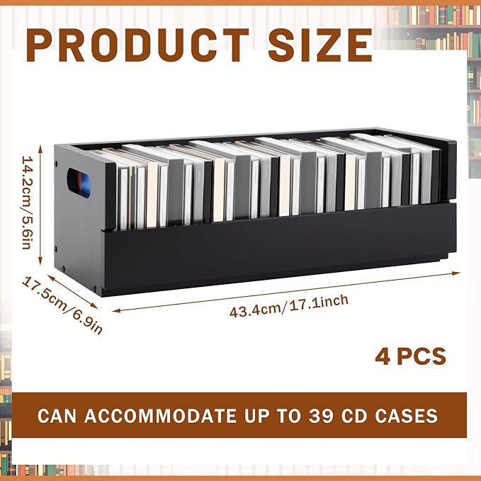 4 Set Wooden CD Storage Box Holder Shelf Cassette Tape Display Racks with Carrying Handles, Organizer Shelf for Movie Cases, DVDs, Each Set Can Store up to 36 Pcs CDs (Black)