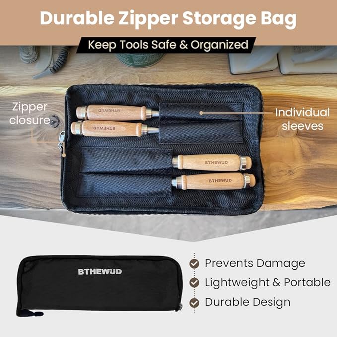 Wood Chisel Set – set of 4 Woodworking Chisels w/CR-V Steel Blades, Zipper Bag - Anti-Rust Coating Wood Chisels for Woodworking - Lightweight & Durable Carpenter Tools for Woodworking