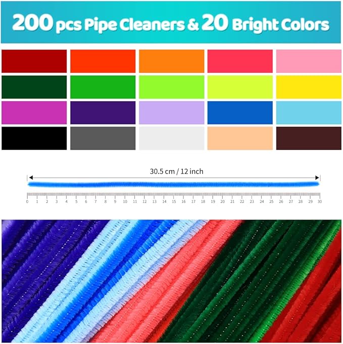 200pcs 20colors, Pipe Cleaners, Chenille Stems, Pipe Cleaners for Crafts, Pipe Cleaner Crafts, Art and Craft Supplies