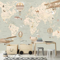 AFZEVEB-Vintage Animal Wallpaper Cartoon Aircraft Map Wall murals for Kids Room 114"x74"(Not Peel and Stick)