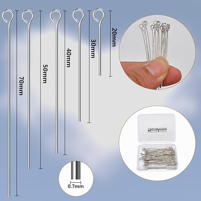 100pcs Silver Filled Eye Pins Non Tarnish Craft Earring Bracelet Jewelry Making Accessories Supplies (50mm (1.96in), Silver-Eye Pin)