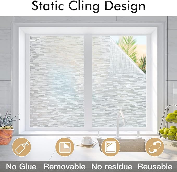 Haton Window Privacy Film, Frosted Glass Static Cling Sun Heat Blocking Window Clings, Frosting Opaque Coverings, Vinyl Removable Stickers Tint for Home Door Office, Non Adhesive 29.5" x 118.1"