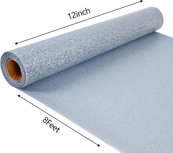 FUNKAKA Glitter Silver HTV Heat Transfer Vinyl Rolls, 12" x 8ft PU Iron on Vinyl for T-Shirt Silver Glitter HTV Vinyl for All Cutter Machines Easy to Cut & Weed for Heat Vinyl Design