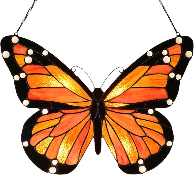 PA0007 Butterfly Stained Glass Hanging Panel 17" Wx12.75 H,Handmade Suncatcher Tiffany Style Window Ornament Home Hanging Decorations