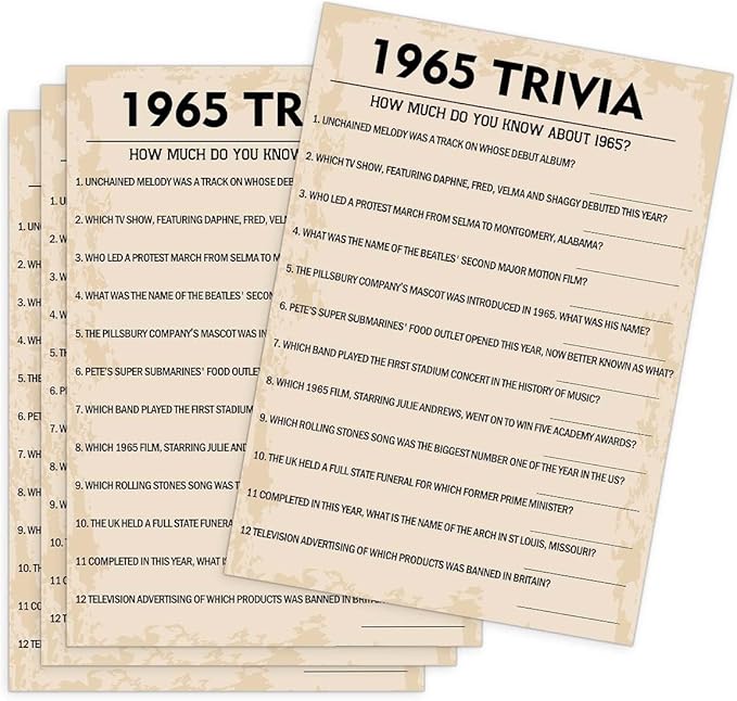 QUPT 60th Birthday Party Games, 1965 Trivia Games, Birthday Party Supplies for Adults, Fun 1965s Party Game，Pack of 30 Cards