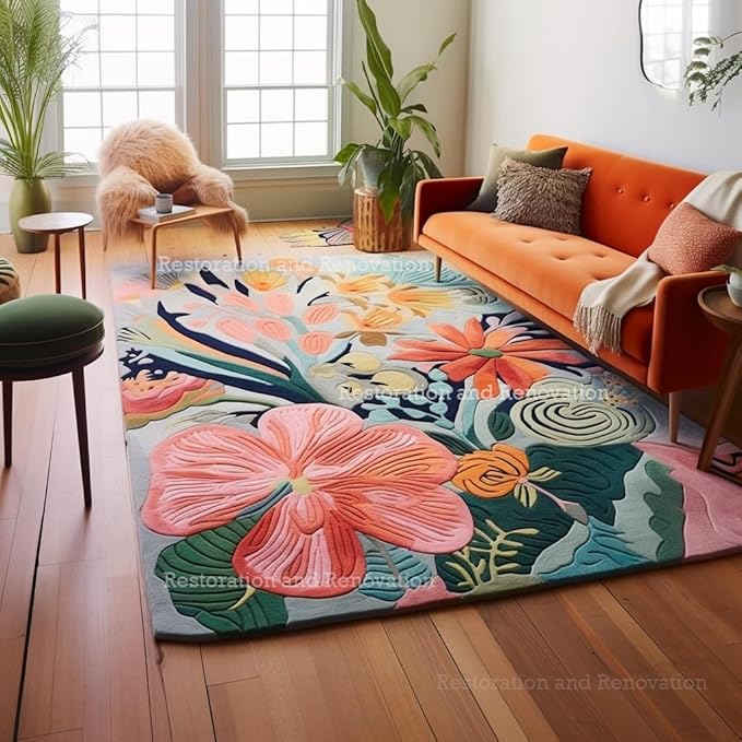 Handmade Wool Floral Area Rug for Living Room | Elegant Flower Garden Design, Soft, Thick and Durable | Bedroom, Dining Room & Home Decor Carpet (4' x 6', Floral D)