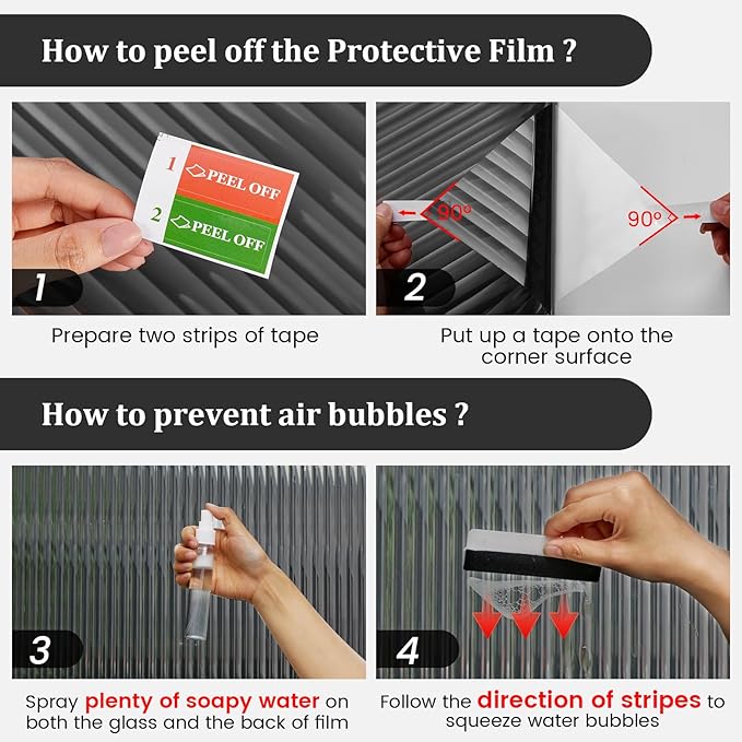 Window Privacy Film, Frosted Reeded Glass Cling, 3D Decorative Coverings with UV Blocking, Adhesive Stickers for Bathroom Doors Cabinet