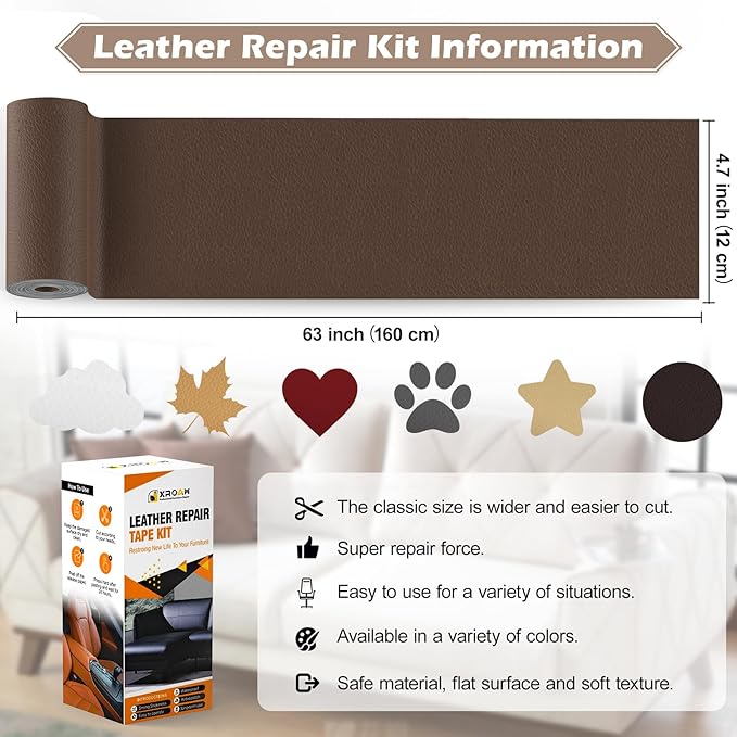 Leather Repair Tape, 4.7x63 inch Leather Patches for Furniture, Self Adhesive Leather Repair Patch for Sofas, Couches, Leather Covers, Seats, Chairs, Vinyl Repair Tape Retro Dark Brown