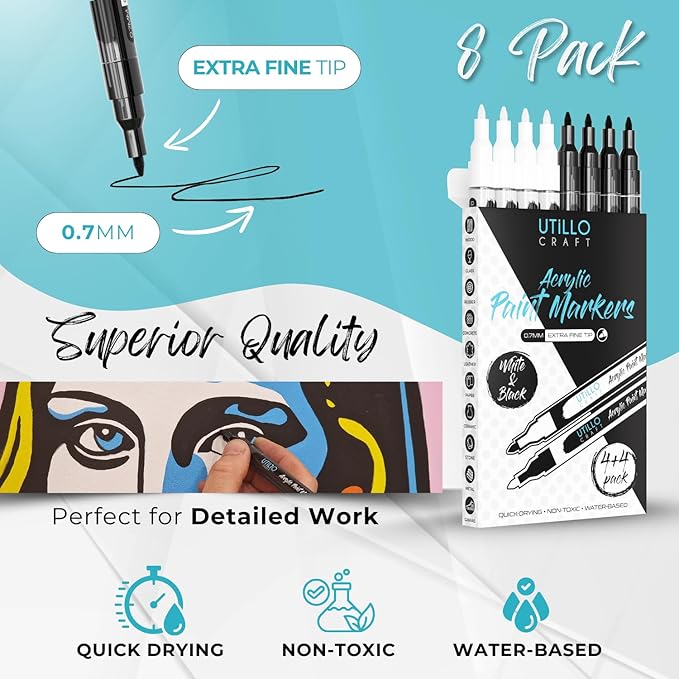 White+Black Paint Pen (8-Pack) Extra Fine Tip Made in Japan | Bold Color+100% Coverage | For Rock, Wood, Glass, Paper, Fabric, Canvas, Metal and More! | 0.7mm Paint Pens | Acrylic Paint Pens