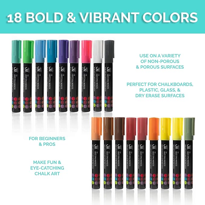JumpOff Jo – Liquid Chalk Markers – Reversible Chisel and Round Tip – Multi Color (18)