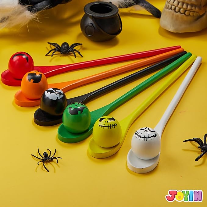 JOYIN 6 Pcs Halloween Egg and Spoon Race Game Set; Eyeballs and Spoons with Assorted Colors for Kids Adults Halloween Outdoor Fun Games, Party Favor Supplies, Classroom Activities