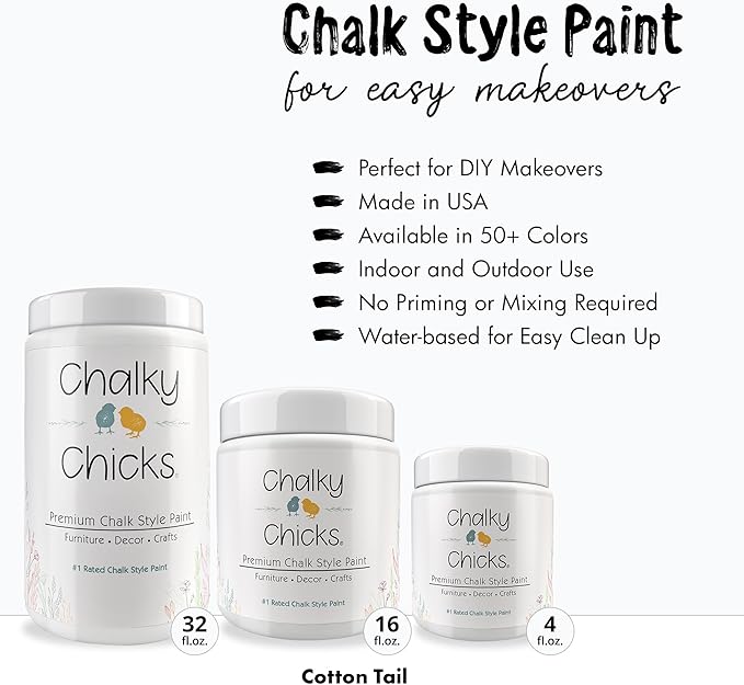 Chalky Chicks All-in-One Chalk Paint for Furniture or Cabinet - 32 Fl Oz - Matte Finish CottonTail White for Metal, Wood Furniture Paint - No Sanding All-in-One for Home Decor & Crafts, USA Made