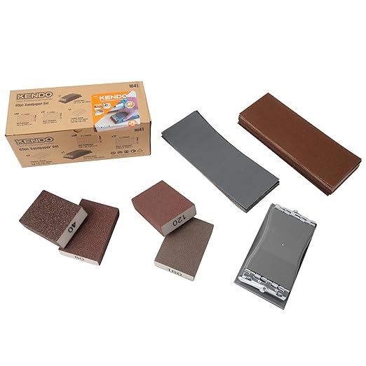 KENDO 65PCS Sand Paper Variety Pack Sandpaper 6 Grits Assorted for Wood Furniture Finishing, Metal Sanding and Automotive Polishing, Wet Dry Sandpaper 40/80/120/160/400/600 Grit