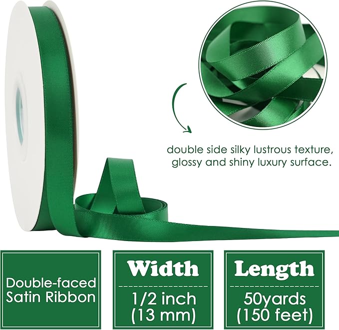 HUIHUANG Forest Green Satin Ribbon 1/2 inch X 50 Yards Continuous, Green Double-Faced Satin Ribbon for Gift Wrapping, Bows, DIY Crafts, Flower Bouquet, Holiday Home Decor
