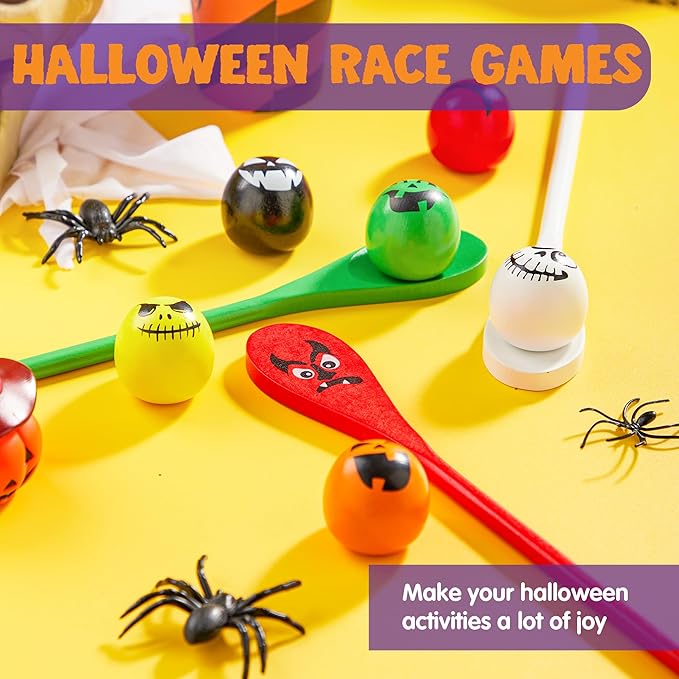 JOYIN 6 Pcs Halloween Egg and Spoon Race Game Set; Eyeballs and Spoons with Assorted Colors for Kids Adults Halloween Outdoor Fun Games, Party Favor Supplies, Classroom Activities