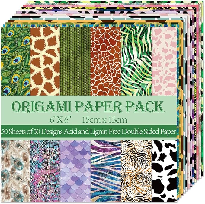 Square Origami Paper 6x6 Double Sided 50 Sheets 50 Colors 70GSM Origami Kit Japanese Chiyo Easy Fold Arts Crafts DIY Handwork Beginner Animal Fur