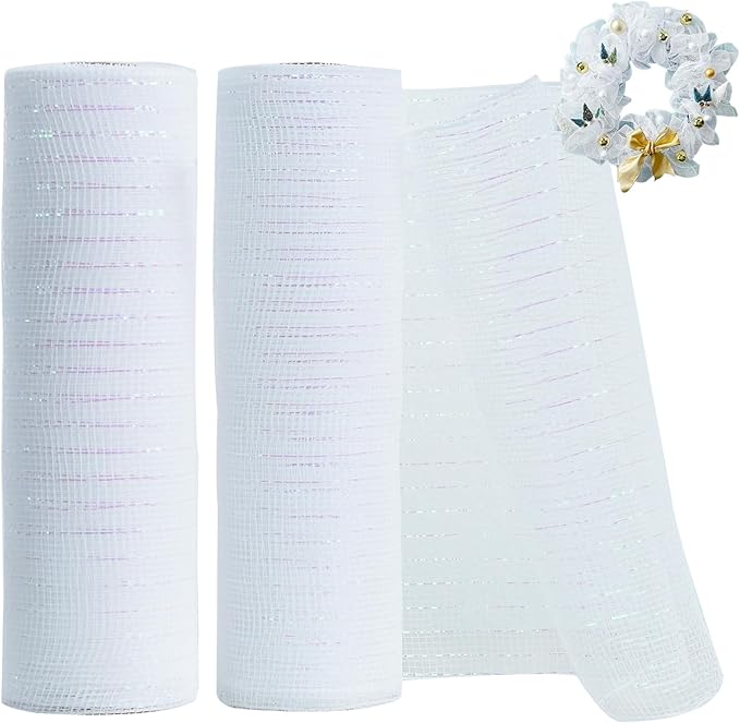 TONIFUL 2 Rolls 10 Inch White Decorative Mesh Ribbbon Rolls, Fabric Mesh with Foil for Mesh Wreath Supplies, Front Door Wreath Crafts Tree Decor Christmas NewYears Halloween Decoration (10 yds/roll)