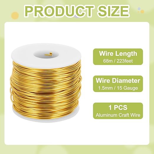 MECCANIXITY 15 Gauge Anodized Aluminum Craft Wire Bendable Bonsai Training Wire 223 Feet 1.5mm for Sculpting Crafts Wreath Floral Beading Jewelry Making, Gold Tone