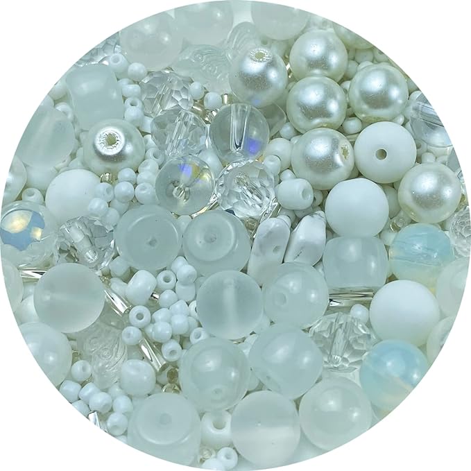 Assorted Glass Resin Beads Multi Size Colors Smooth Cracked Gravel Millet Spacer Beads for Bracelets Necklace Earring DIY Jewelry Making Craft (White Series)