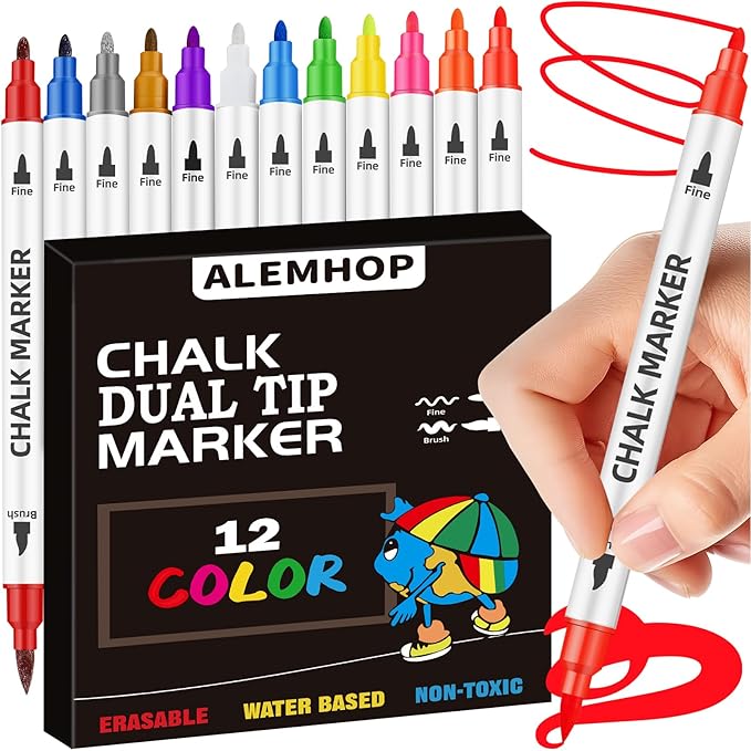 Liquid Chalk Markers Dual Tip - Wide Tip & Fine Tip, 12 Colors Washable Car Chalk Window Markers Pen for Auto Glass Mirror Poster First Day of School Sign Board, Stocking Stuffer for Teens Kids