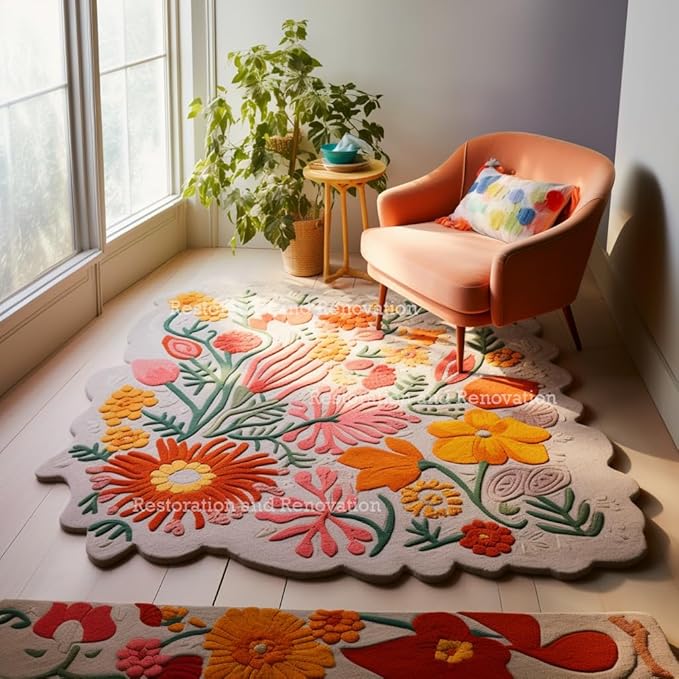 Handmade Wool Floral Area Rug for Living Room | Elegant Flower Garden Design, Soft, Thick and Durable | Bedroom, Dining Room & Home Decor Carpet (2.6' x 8', Floral C)