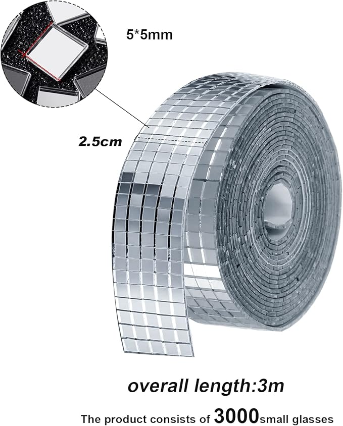SATINIOR 3000 Pcs Disco Ball Mirror Tiles Self Adhesive for Crafts 5 x 5 mm Small Disco Tape Ball Stickers Square Mosaic Tiles Mirror Pieces for DIY Craft Party Decor