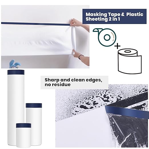ADHES Painters Plastic with Tape, Painters Tape with Plastic Attached, Pre Taped Masking Film Tape and Drape for Automotive Painting Covering, 90 feet, 3 Sizes