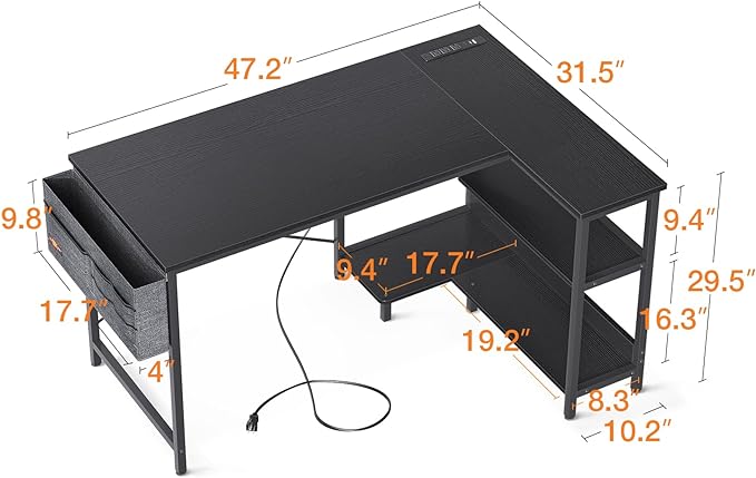 ODK 48 Inch Small L Shaped Gaming Computer Desk with Power Outlets, Reversible Storage Shelves & PC Stand for Home Office, Simple Writing Study Table with Storage Bag for Small Space, Black