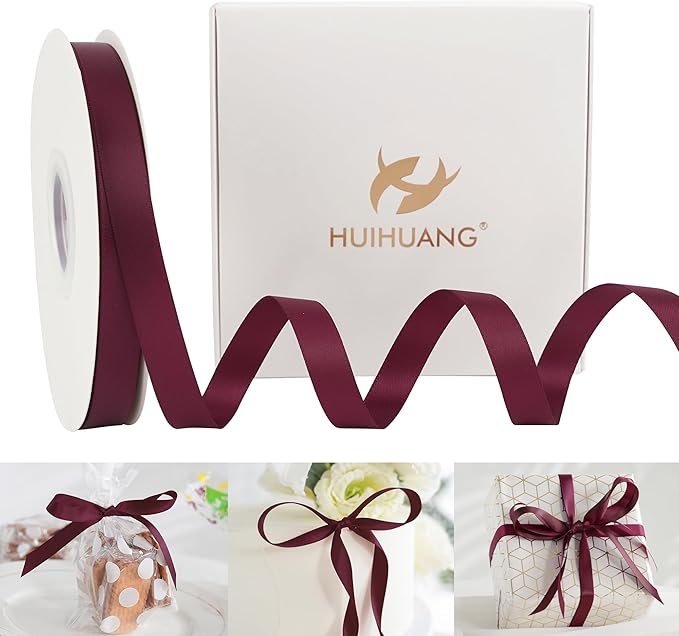 HUIHUANG Wine Red Satin Ribbon 1/2 inch X 50 Yards Continuous, Maroon Double-Faced Satin Ribbon for Gift Wrapping, Bows, DIY Crafts, Flower Bouquet, Wedding, Christmas Decor, Birthday