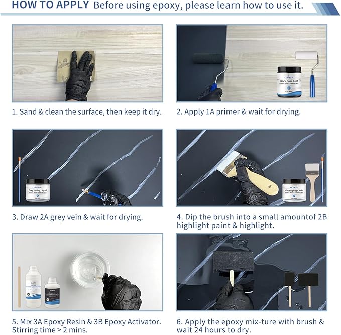 GLAINTE Black Marble Countertop Paint Kit Epoxy Countertop Refinishing Paint Kit, Kitchen Bathroom Coating For Marble, Granite, Formica, Laminate Cover 38 Sq.Ft