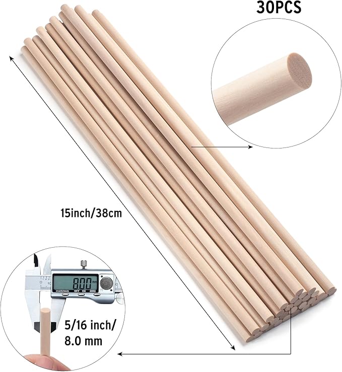 Wooden Dowels Wooden Sticks for Crafts 5/16" x 15", 30 PCS Wood Dowel Rods, Wood Sticks for Crafting, Macrame Dowels, Unfinished Round Hardwood Stick for Tiered Cake Support and Wedding Ribbon Wands