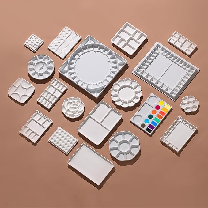 MEEDEN Studio Ceramic Paint Palette, Porcelain Watercolor Palette for Artists Painting, Acrylic Gouache Watercolor Mixing Tray,17-Well 9 x 6.5 Inch