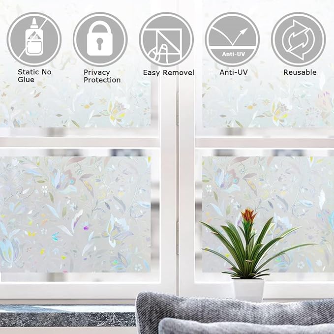 LEMON CLOUD Window Film, Decorative Window Privacy Film, 3D Stained Glass Window Sticker,Anti-UV Sun Blocker Heat Control for Home(Rainbow Tulip Design,45.2 x 157.4 inches)