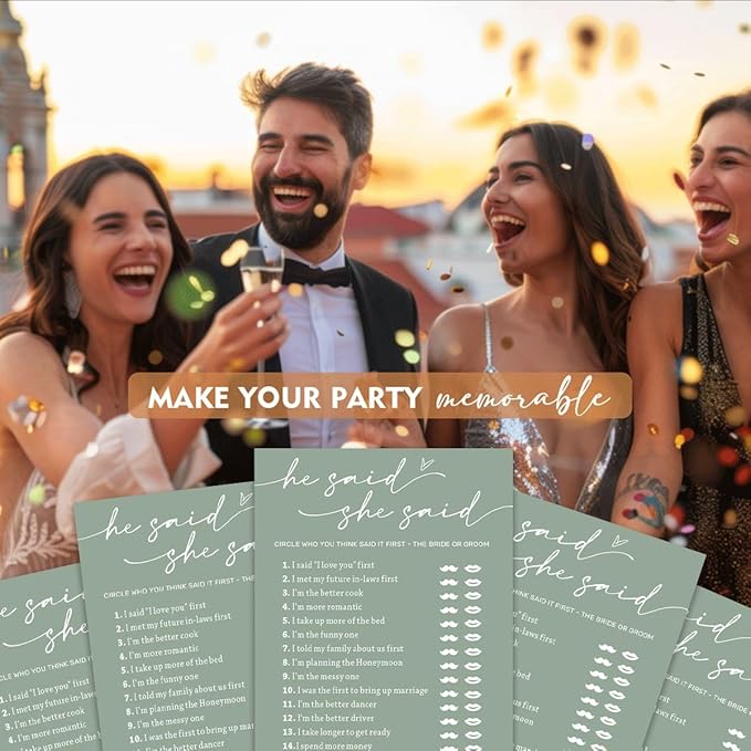 Minimalist Green Wedding Party Supplies: 25 Guest Bridal Shower Games - Engagement Party Cards