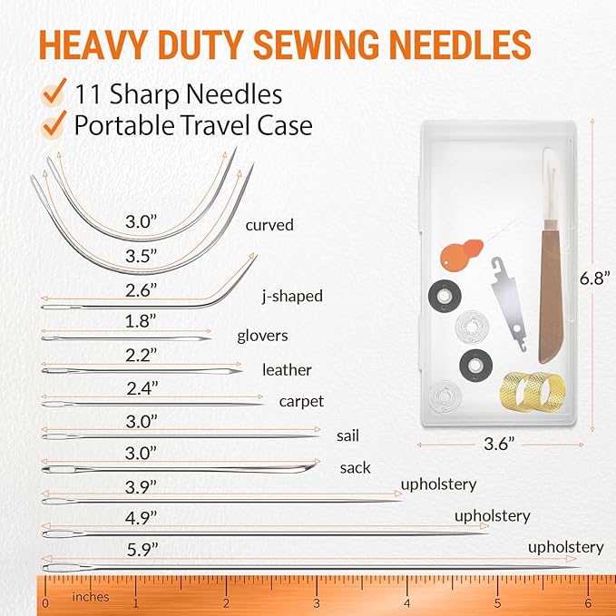 VONEEDL Heavy Duty Sewing Needles (11 PCS) & Waxed Thread (2 Black and 2 Grey Colors) - Upholstery Repair Kit for Leather, Canvas, Quilting & More