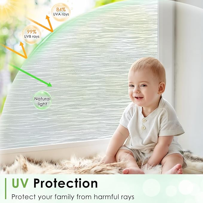 Homein Window Privacy Film, Frosted Glass Window Film Decorative, Non Adhesive Glass Clings, Static Cling Door Coverings, UV Blocking Privacy Sticker for Home, Pure Wave, 23.6 x 118.1 inches