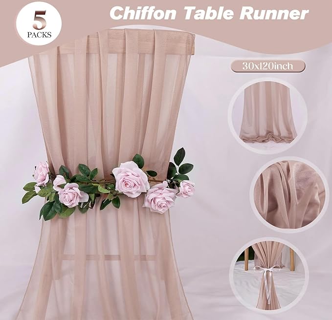 5 Packs Champagne Chiffon Table Runner 30 x 120 Inches Sheer Table Runner 10ft Romantic Chiffon Table Runner for Wedding Decor Birthday Party Bridal Baby Shower Decoration