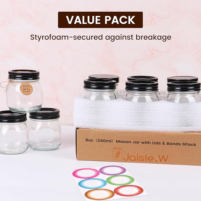 Mason Jars 8 oz 6 Pack with Black Lids & Bands, 8 oz Glass Jars with Lids with Stickers, Tags and Jute Twine for Spice Storage, Crafts, Wedding Decor
