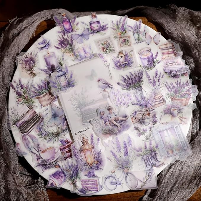 Vintage Vellum Stickers Floral Plants Elements Scrapbooking Supplies Flowers Botanic Natural Translucent Paper Self-Adhesive Junk-Journal Items (Lavender)