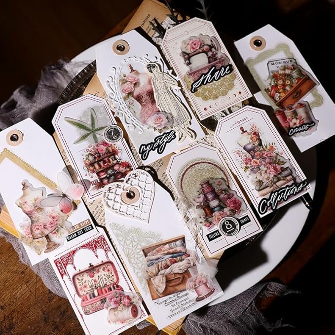 Vintage Vellum Stickers Floral Plants Elements Scrapbooking Supplies Flowers Botanic Natural Translucent Paper Self-Adhesive Junk-Journal Items (Sewing Rose)