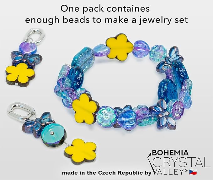 2.1oz (60g) of Focal Glass Bead Mix with Table-Cut Flower and Butterfly Beads, PG Blue