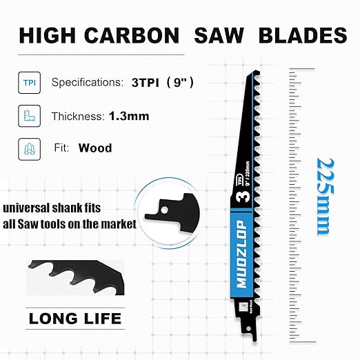 1 Pack 9 inch Reciprocating Saw Blades Set，3 TPI High Carbon Saw Blades for Wood Cutting ，Saw Blades with Organizer Case (1, 3T/9inch)
