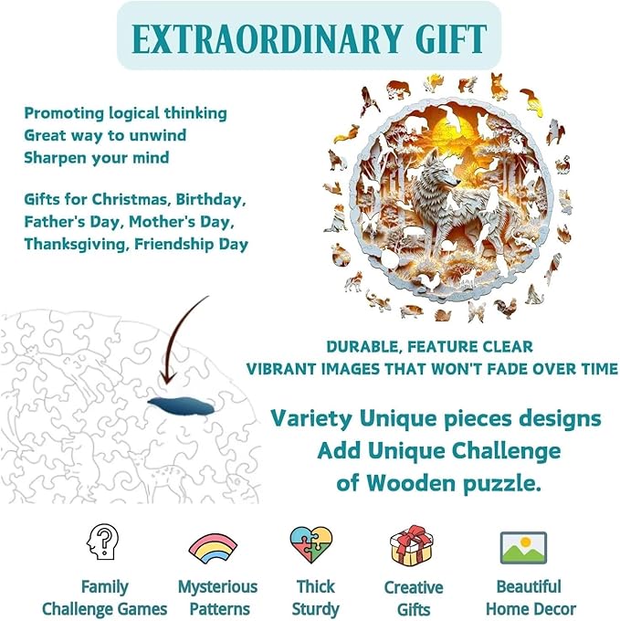 Wooden Puzzles for Adults, 3D Wolf Wooden Puzzles 290 Pieces, Unique Animal Shaped Wood Challenging Jigsaw Puzzles Gifts for Adults, 13.4x13.4in