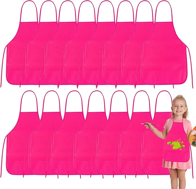 PLULON 30 Pcs Kids Apron Painting Aprons, Kids Aprons for Painting Rose Red Aprons Art Apron Smocks Bulk for Art Activity Craft Home Kitchen Classroom Party Supplies