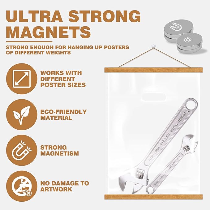 Ywlake Magnetic Poster Hanger, 20x28 20 x 30 20x24 Poster Frame Wood Wooden Magnet Print Posters Dowel Scroll Hanger Hangers Hanging Kit for Walls Map Canvas Artwork (Teak Wood,20")